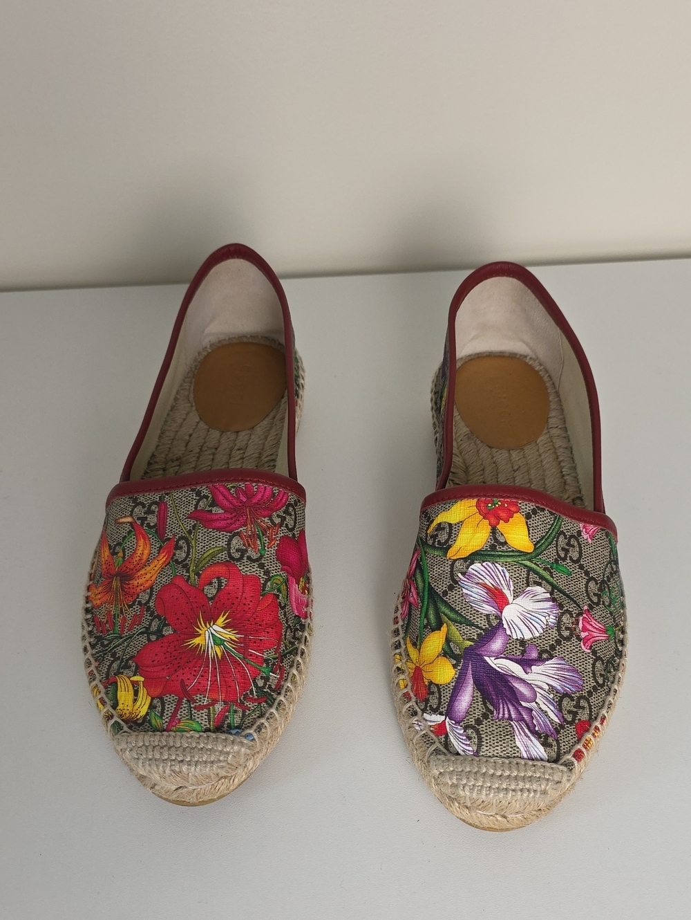 Gucci GG Floral Canvas Espadrilles - Red, Yellow, Purple, Green.  Size 37 1/2